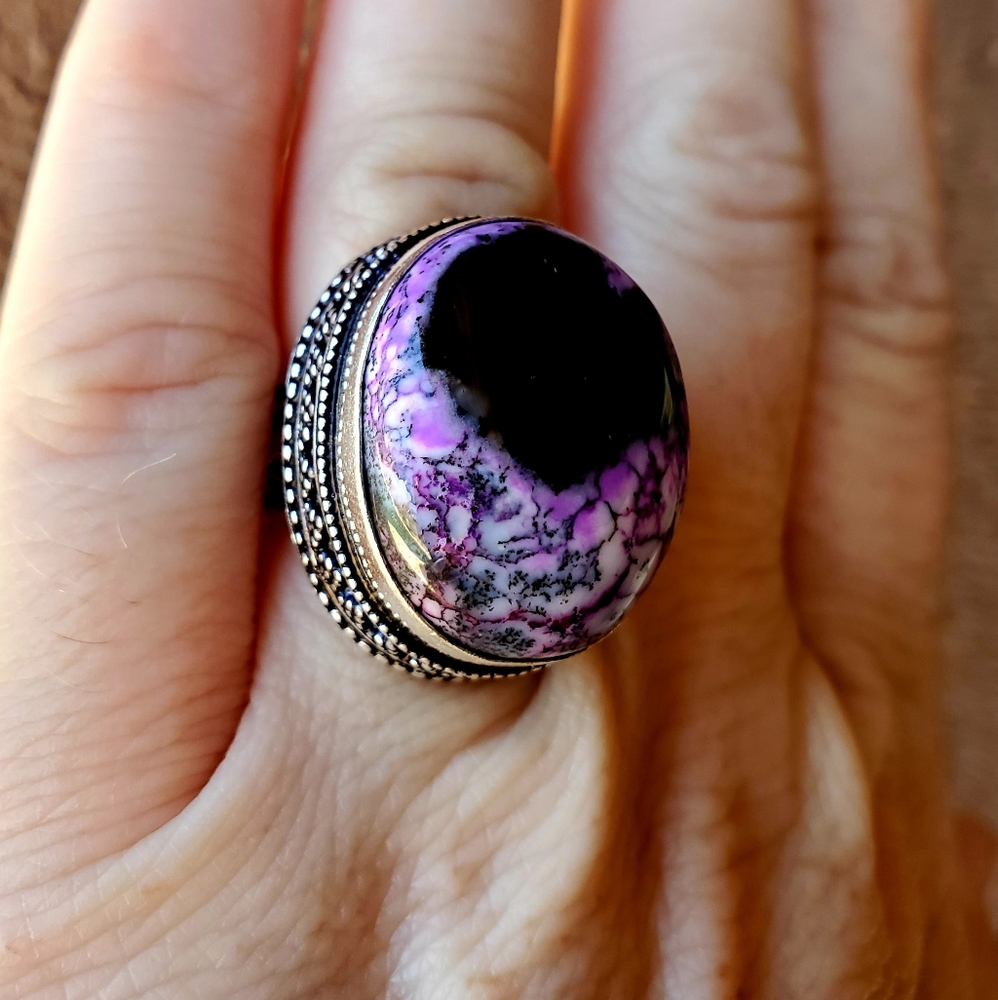 New Unique Dendritic Opal 925 Silver Ring.